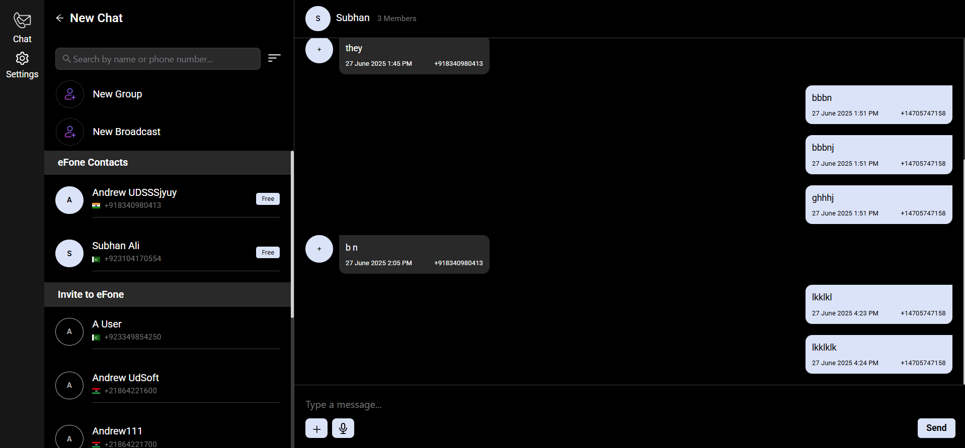 eFone application screen