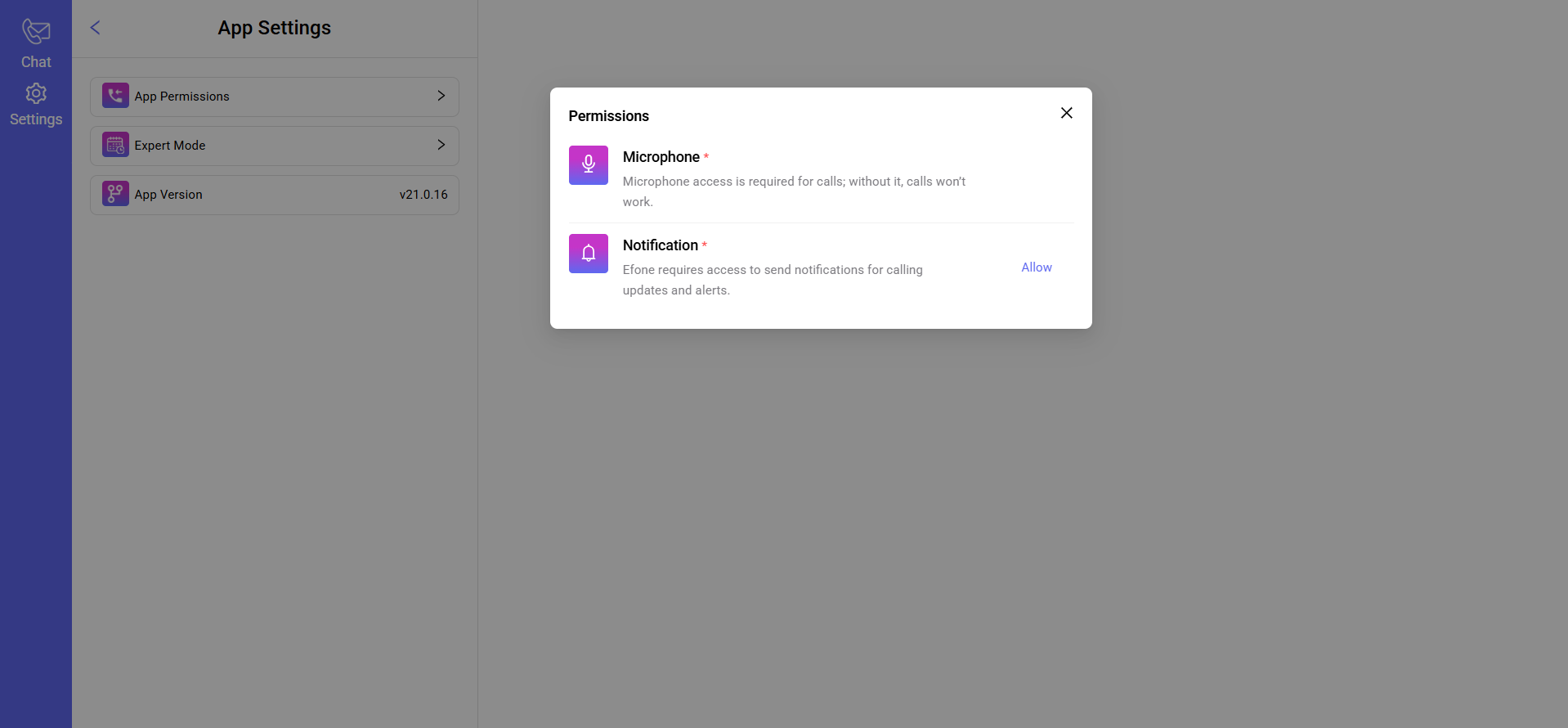 eFone application screen