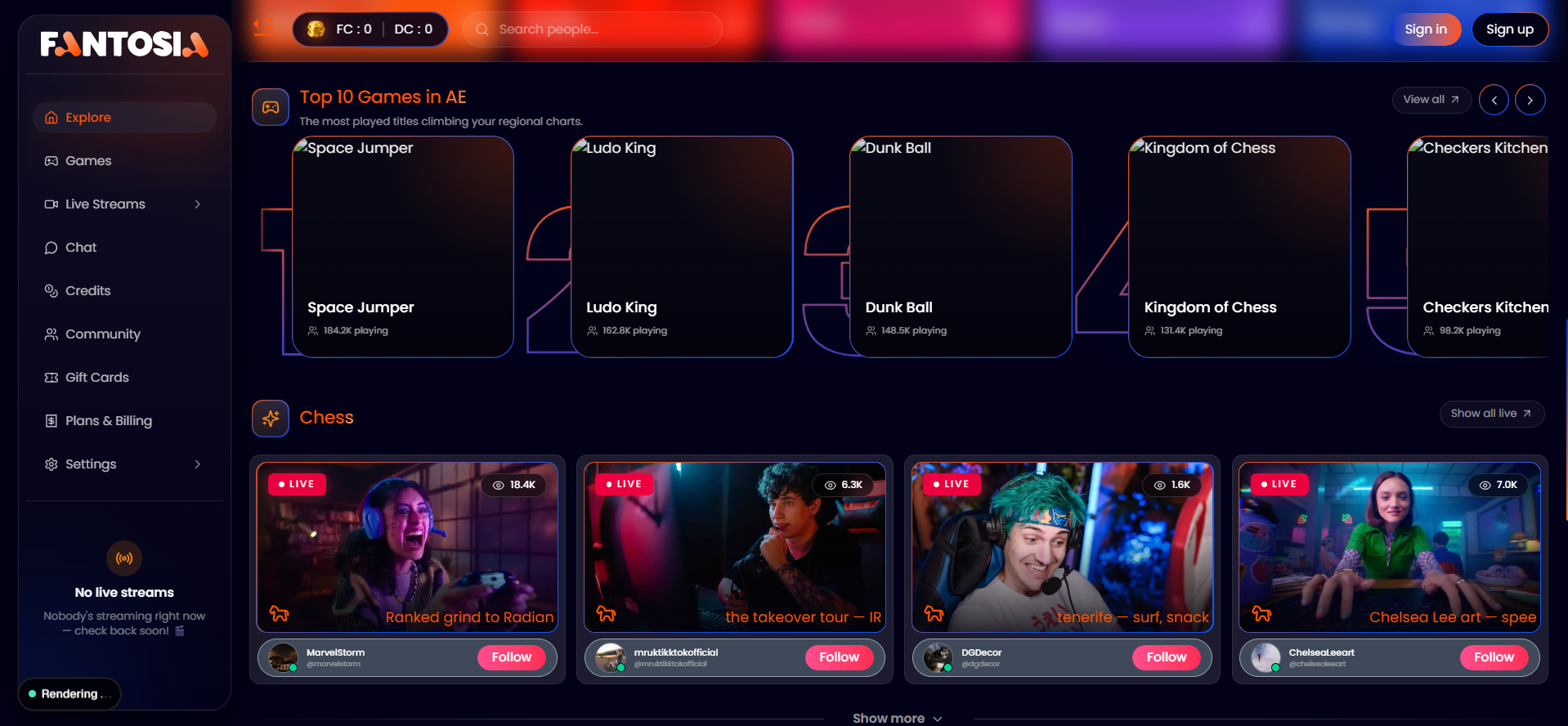 Fantosia application screen