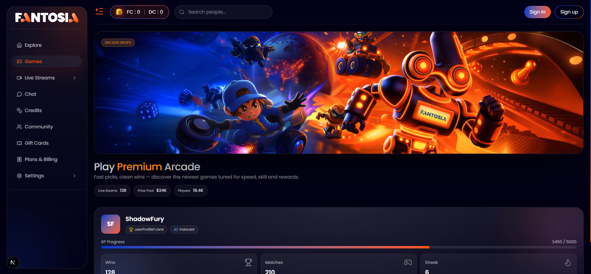 Fantosia application screen