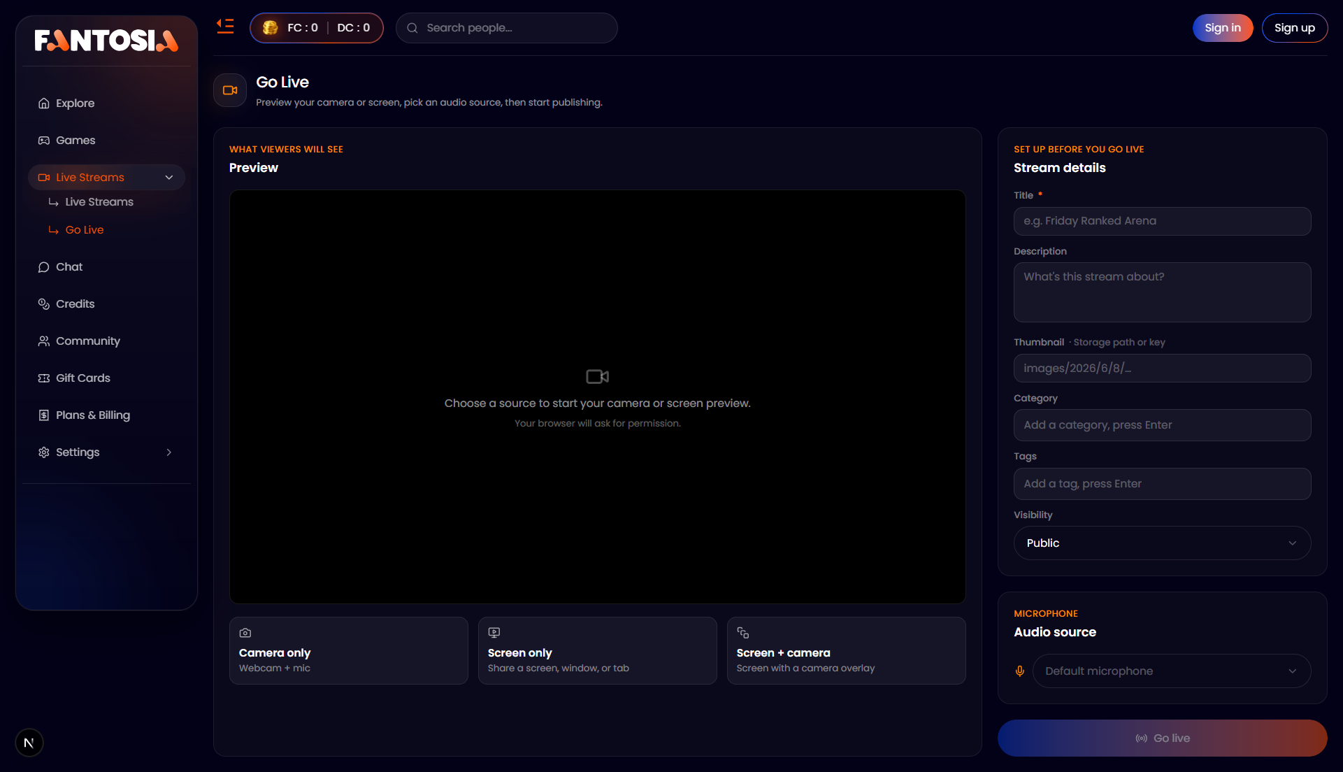 Fantosia creator go-live screen