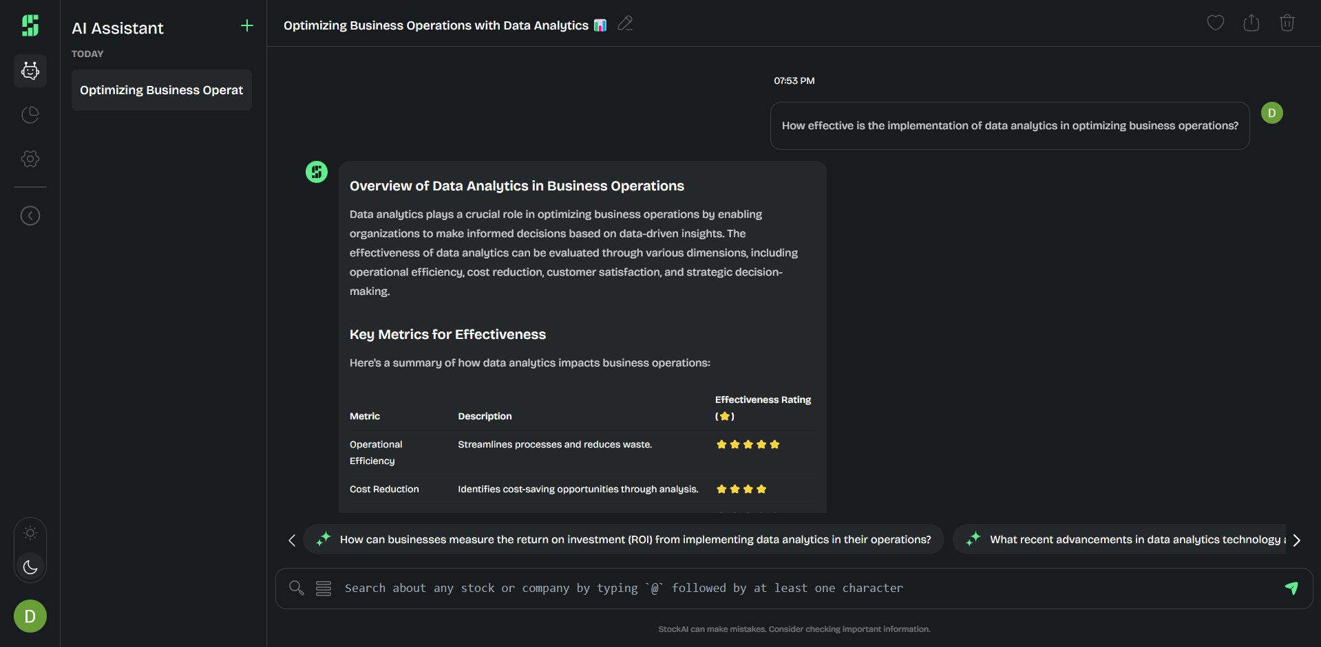 Stock AI application screen